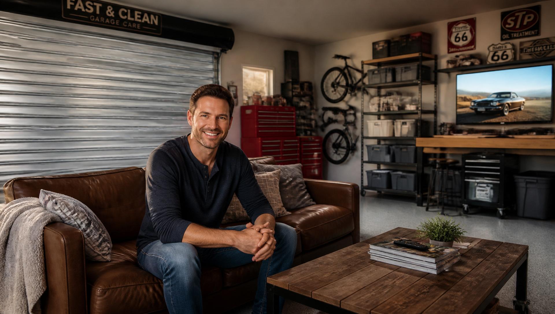 A clean, organized garage man cave with comfortable seating and smart storage